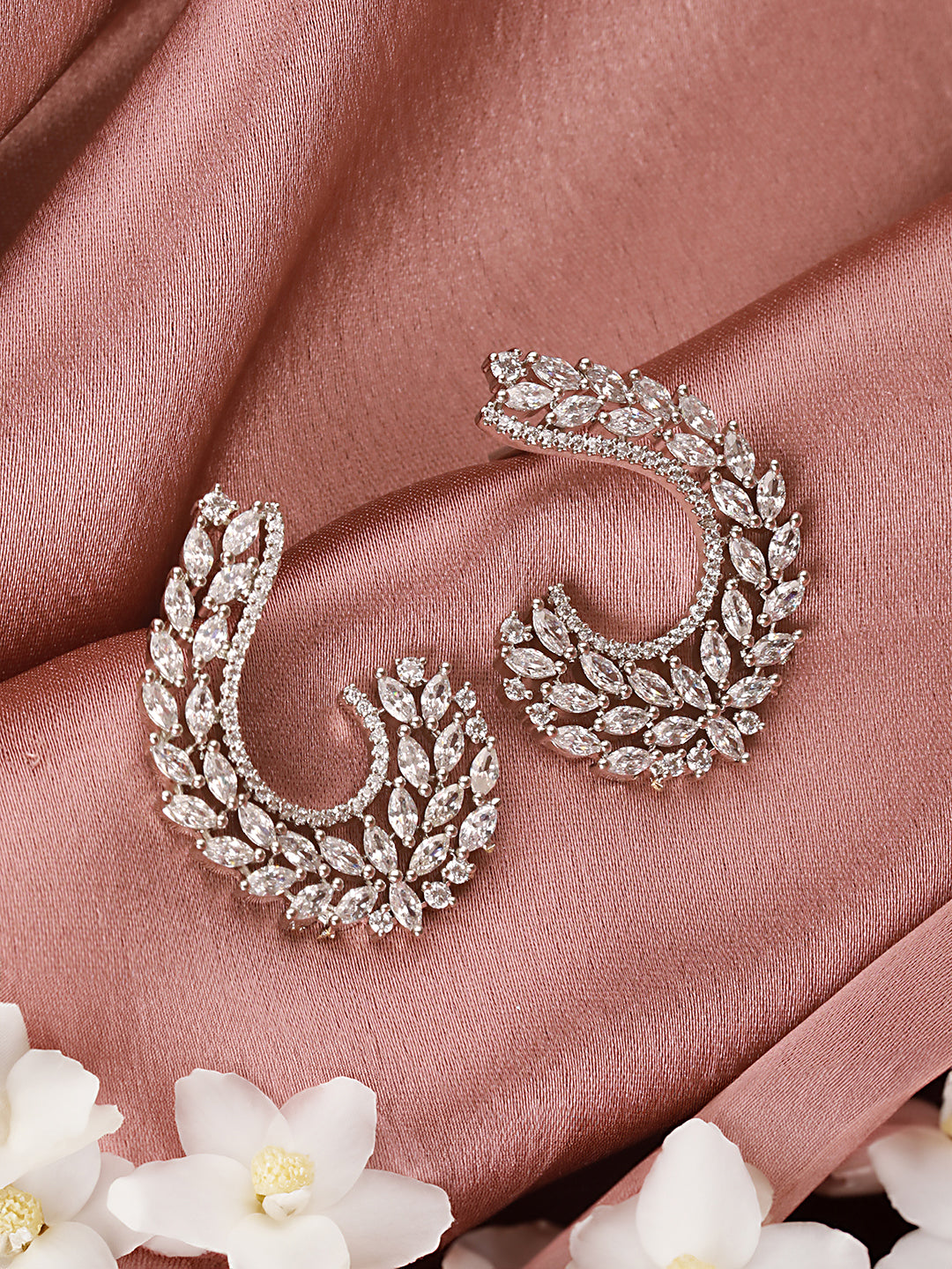 Silver Toned Zircon Studded Handcrafted Feather Shaped C Hoop Earrings